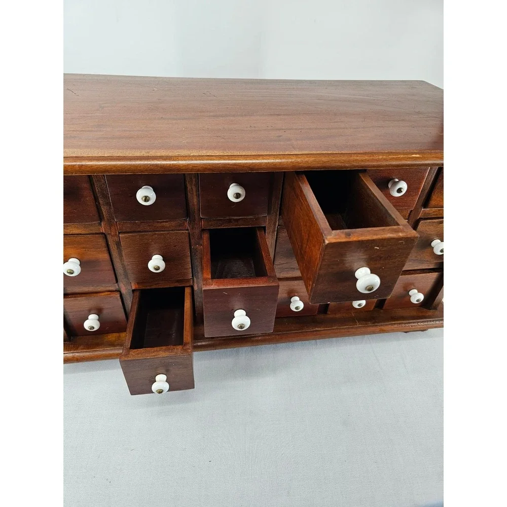 Vintage 18 Drawer Wooden Apothecary Cabinet Jewelry Chest White Ceramic Knobs
